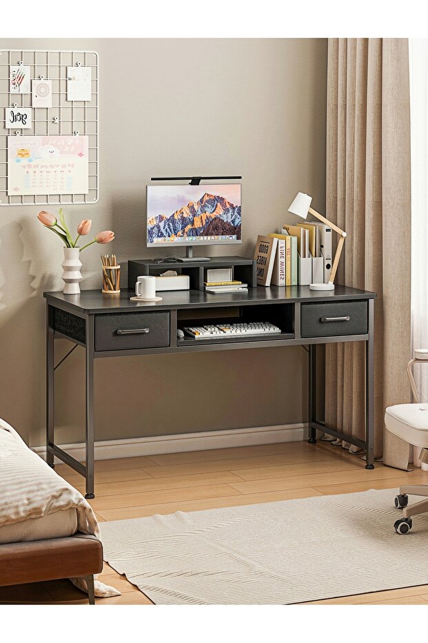 Computer Desk with Monitor Stand, Office Desk with Keyboard Tray & 2 Drawers, Study Table for Home