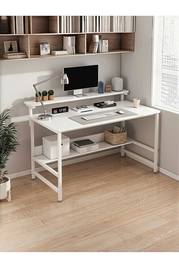 Study Desk with Monitor Stand & Bookshelf, Office Desk with Under-Desk Storage