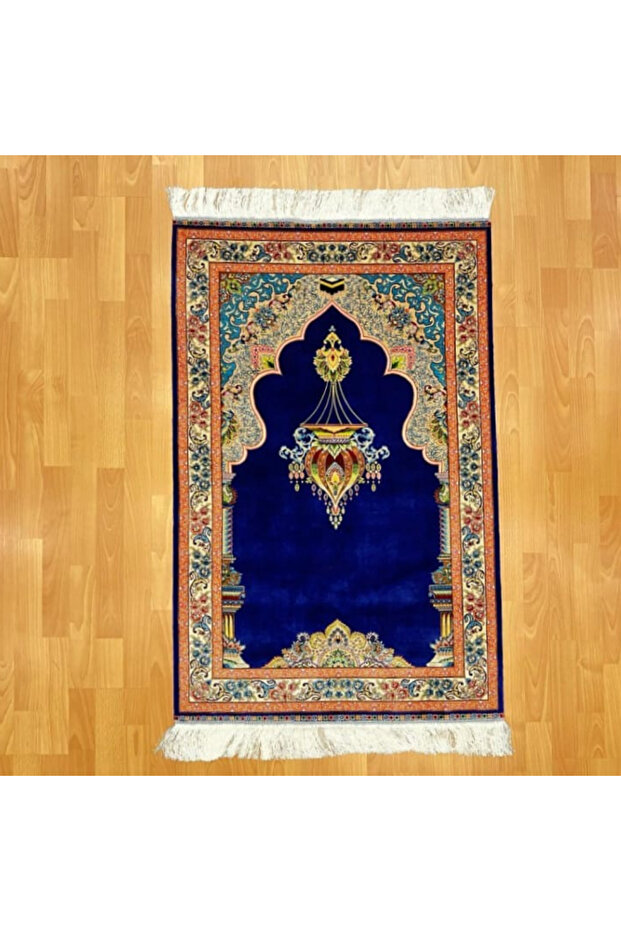 Candle Motif Prayer Niche Iranian Silk Prayer Rug Blue