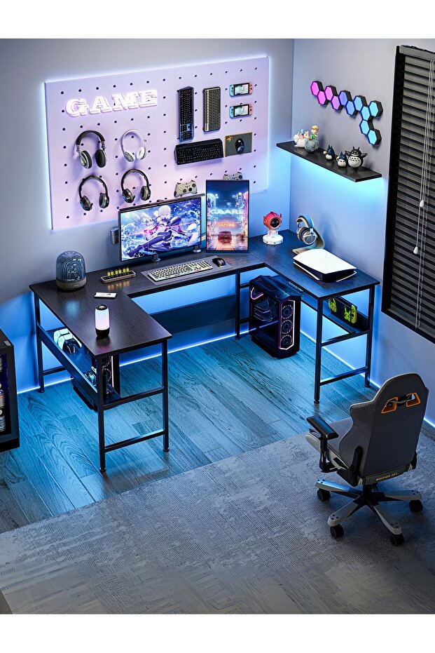 U Shaped Computer Desk with Storage Shelf, Large Office Desk Gaming Table with H-Shape Structure
