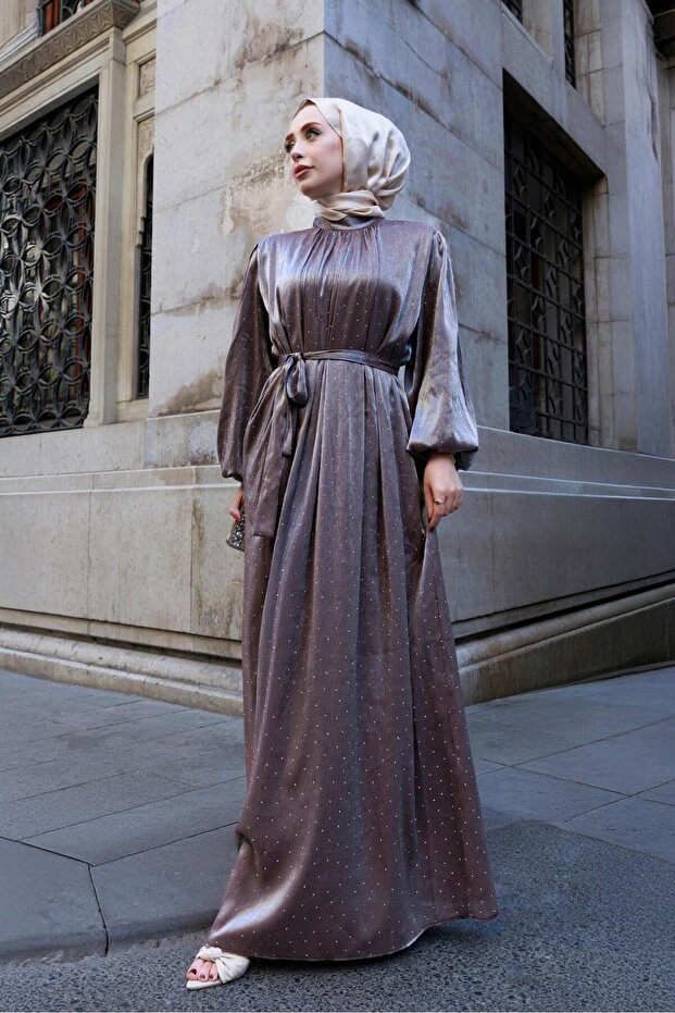 Balloon Sleeve Stoned Shimal Evening Dress-Brown