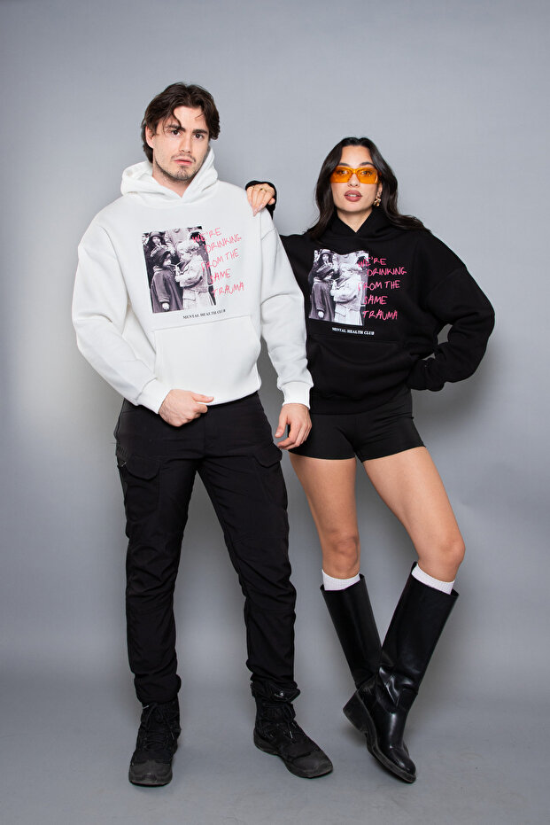 Trauma Printed Oversize Unisex White Hoodie