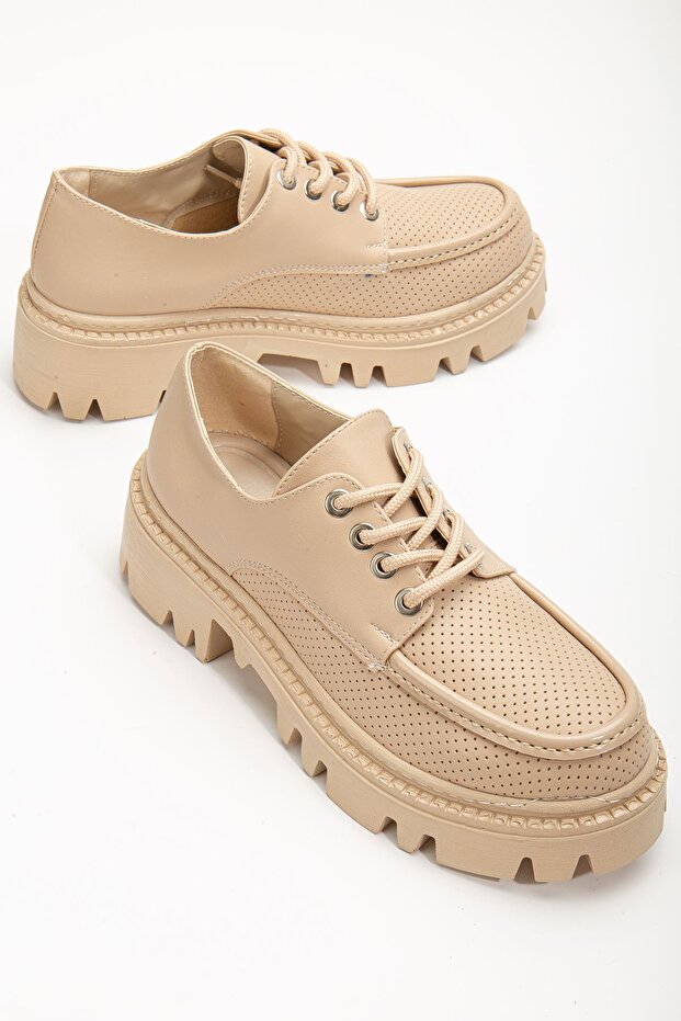 Minnet Women's Nude Lace-Up Loafer Shoes