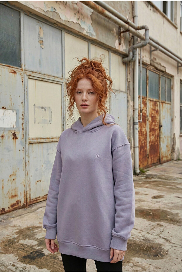 Pamuklu Kapüşonlu 3 İplik Şardonlu Kalın Oversize Sweatshirt - 1