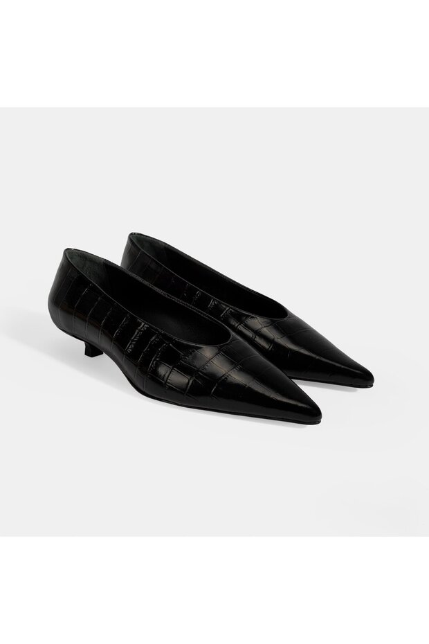 Women's Black Crocodile Printed Heeled Shoes