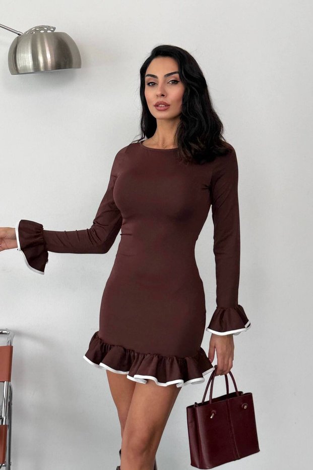Women Sleeve and Hem Piped Ruffled Mini Dress