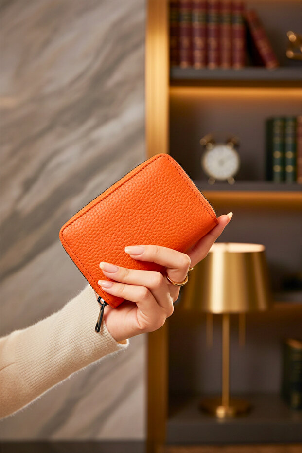 Women's Vegan Leather Zippered Portfolio Orange Wallet Card Holder