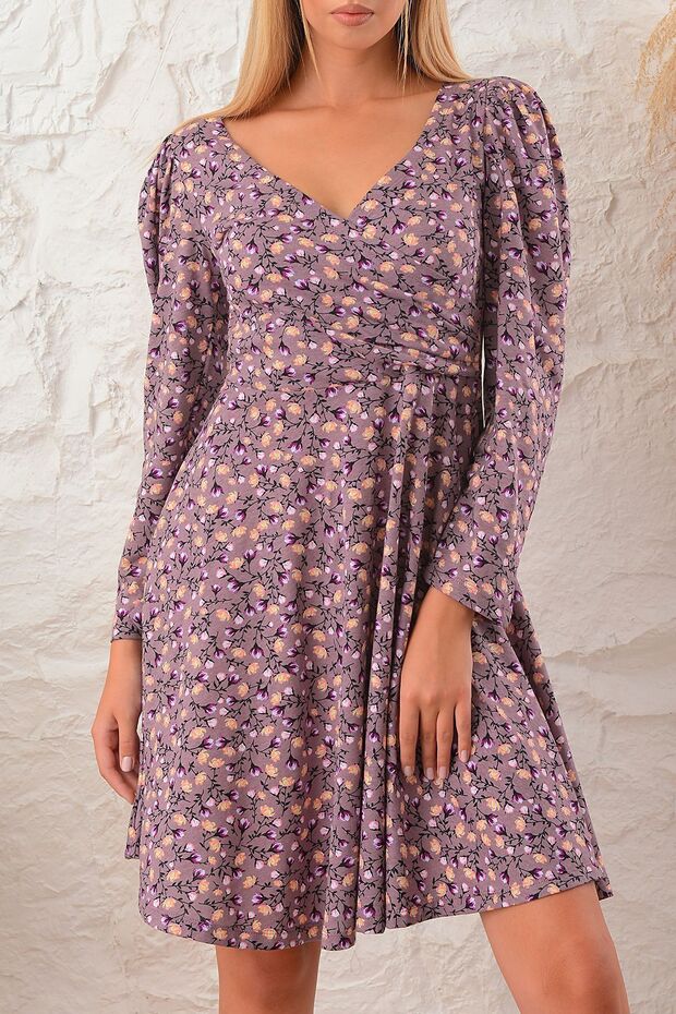 Women's Brown Floral Side Pleated Dress