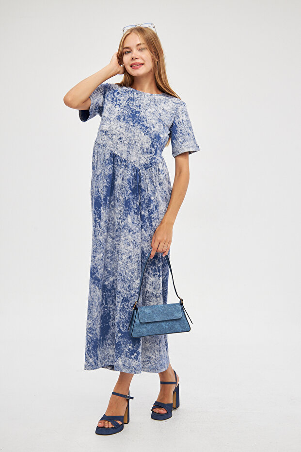 Women's Acid Washing Effect Cupra Short Sleeve Gathered Knitted Maxi Dress