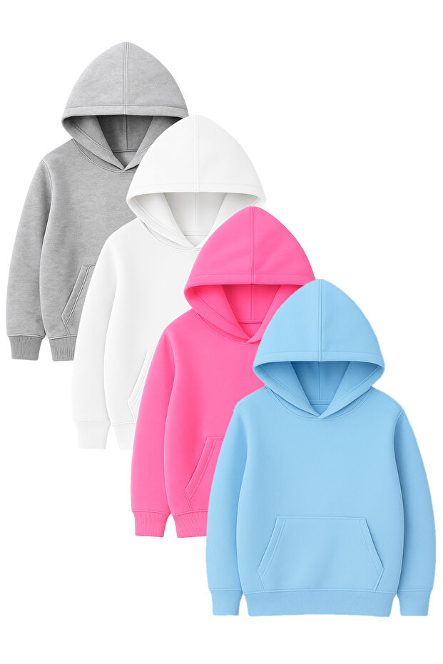 Set of 4 Hooded Basic Sweatshirts - Plain Winter Brushed Inside Fabric