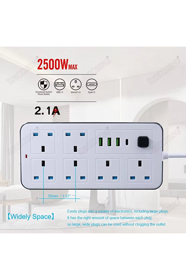 وصلة طاقة 10 في 1 بقدرة 2500 وات مع 6 منافذ تيار متردد، 3 منافذ USB + 1 منفذ PD Type-C، سلك بطول 5 أمتار، أبيض - 4