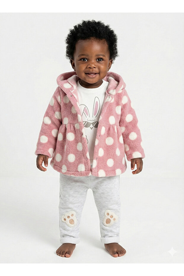 Baby Girl Plush Coat Rabbit Foot Embroidered 3-Piece Tracksuit Set (9-12-18 Months)