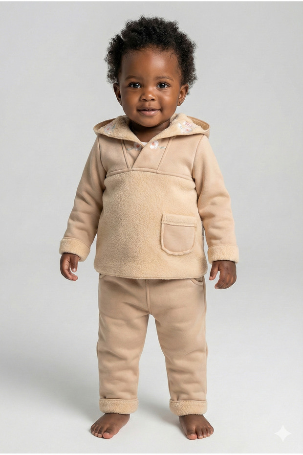 Baby Girl Floral Embroidered Hooded Kangaroo Model Tracksuit Set (9-12-18 Months)
