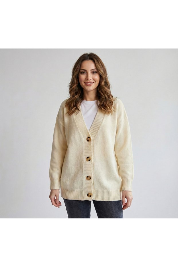 Women's Cream Bone Buttoned Knitwear Cardigan