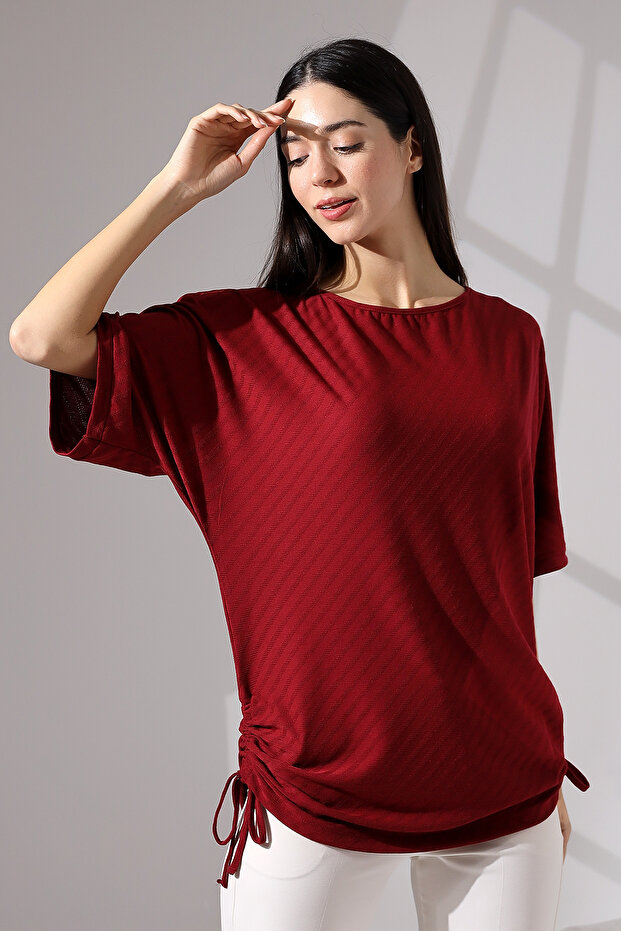 Chuy Women's Soft Textured Batwing Sleeve Hem Lace-Up Diagonal Jacquard Blouse & Combed Cotton Blouse - Burgundy