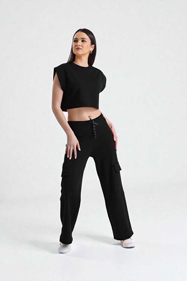 أسود الأساسية بلا أكمام البلوز المحاصيل - 2