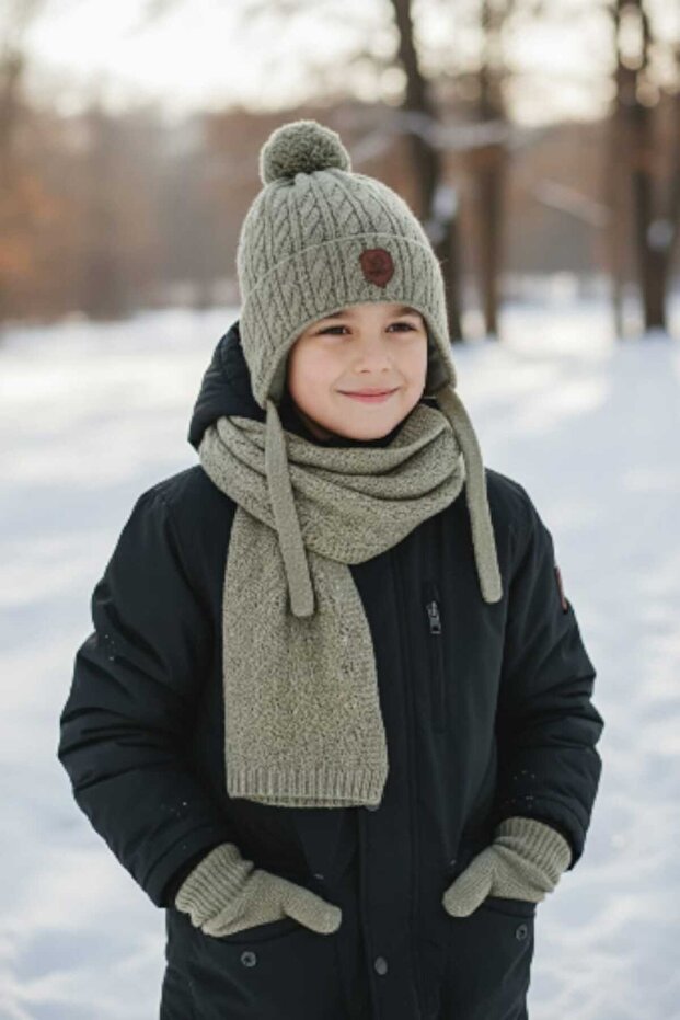Kitti 4-8 Years Old Boys' Fleece-Lined Scarf, Beanie, Gloves 3-Piece Set