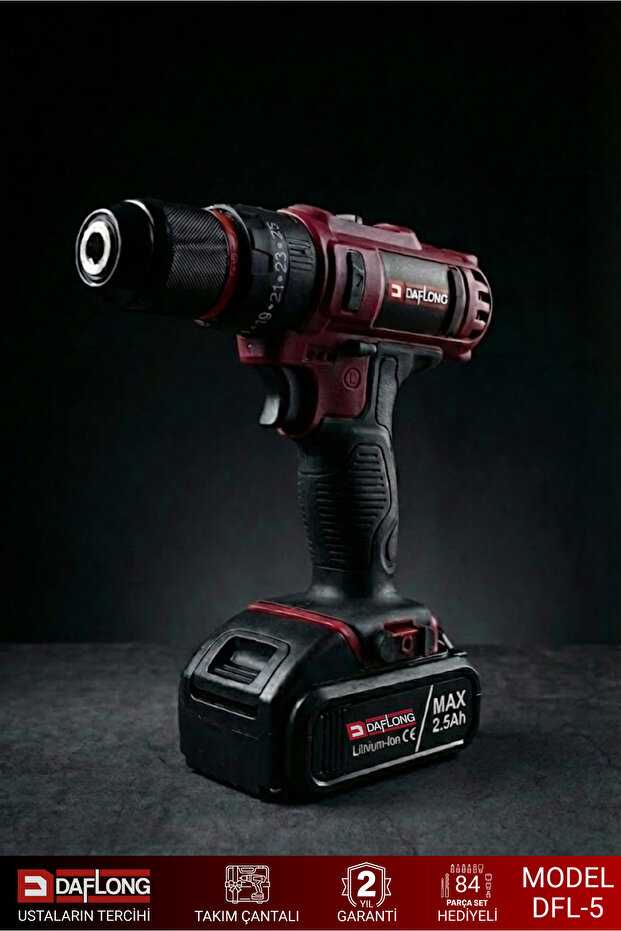 Daflong PRO BAKIR SARGILI 21V 84 PARÇA ÇEİLK MANDREN ÇİFT AKÜLÜ ŞARJLI DARBELİ MATKAP DFL-5