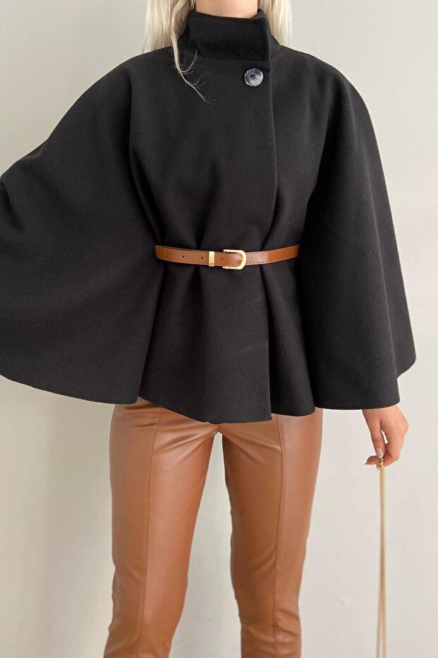 MANDARIN COLLAR MELTON PONCHO WITH BELT DETAIL