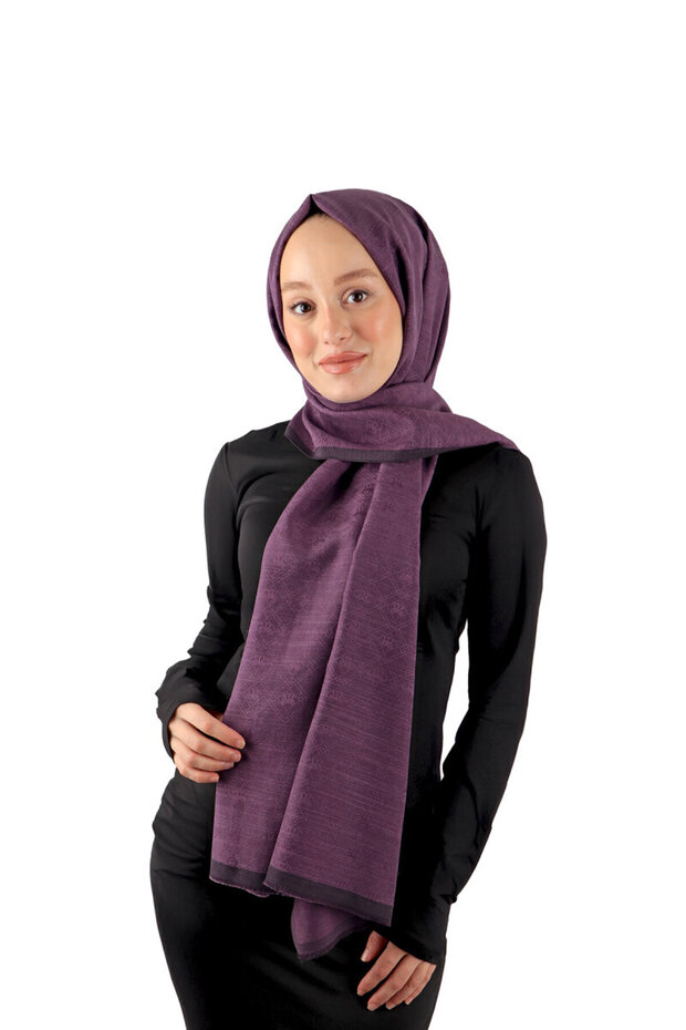 Silk Cotton Purple Monogram Patterned Shawl - 1