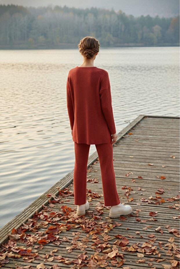 Kiremit Pamuklu Fitilli Kadın Bluz Pantolon İkili Takım - 5