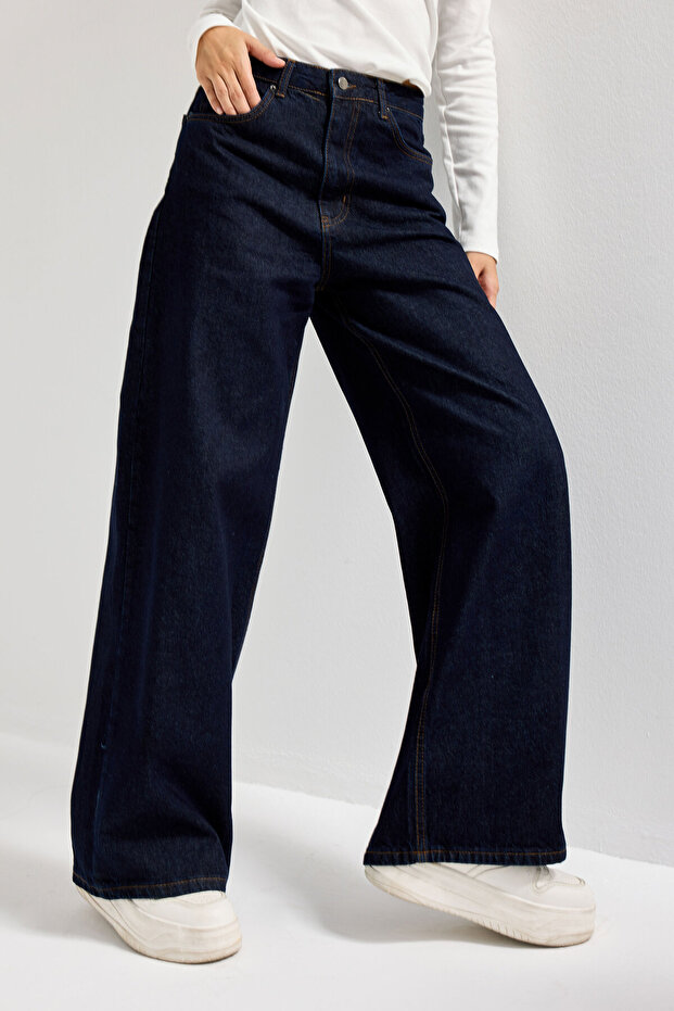 Women's Indigo Color 7W5-50 Palazzo Baggy Fit 100% Cotton Inner Length 83cm Denim Jean