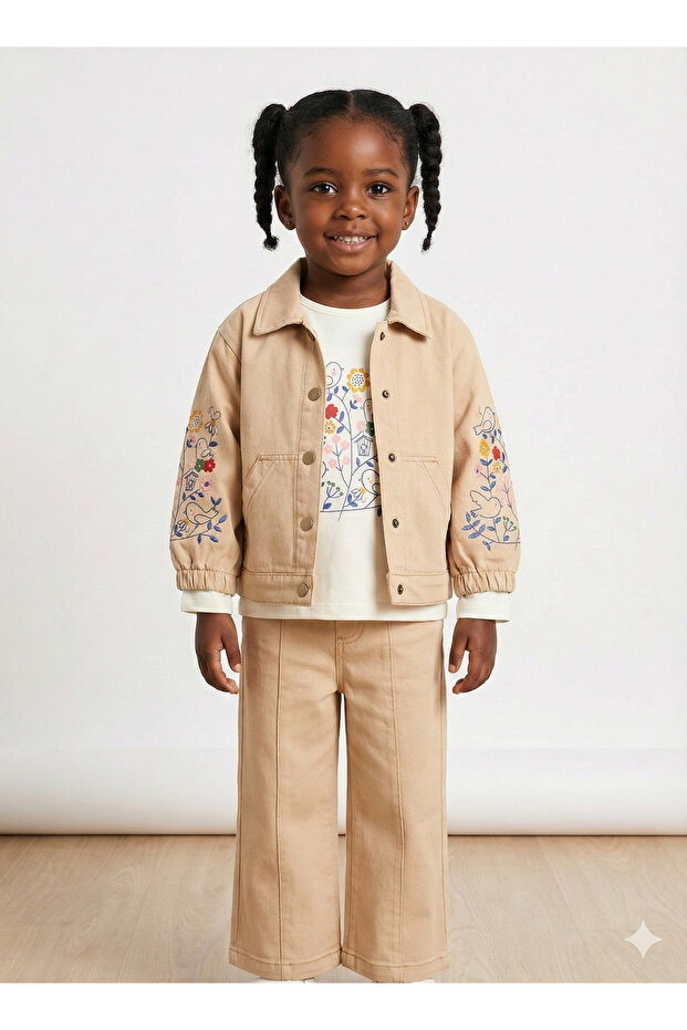 Girls' Floral Embroidered Jacket and Pants 3-Piece Set (Ages 2-3-4-5)