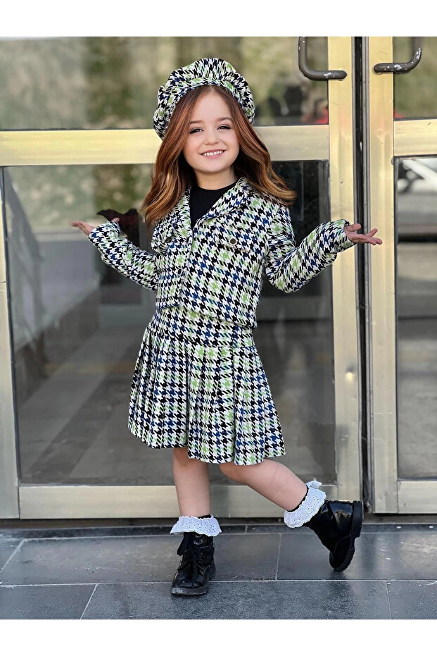 GIRL'S PLAID PATTERNED SKIRT-JACKET-BLUZ-RESSAM HAT SET OF FOUR