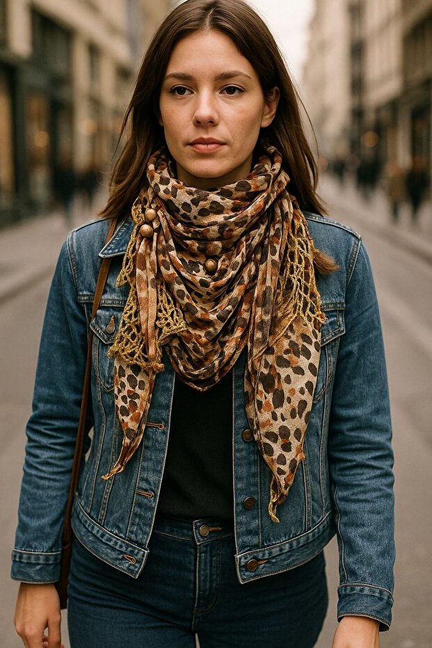TASSELED STRAPPED BUTTON BUCKLE SCARF SHALF NECK TIE CLOTHING ACCESSORY BROWN