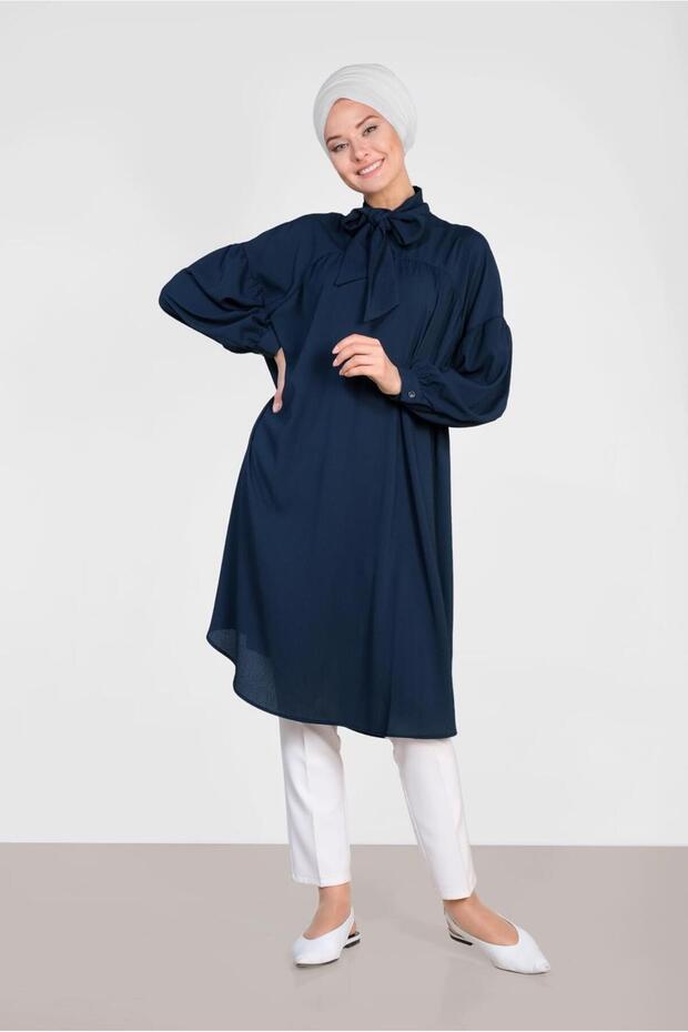 Lace-Up Collar Balloon Sleeve Tunic 4111