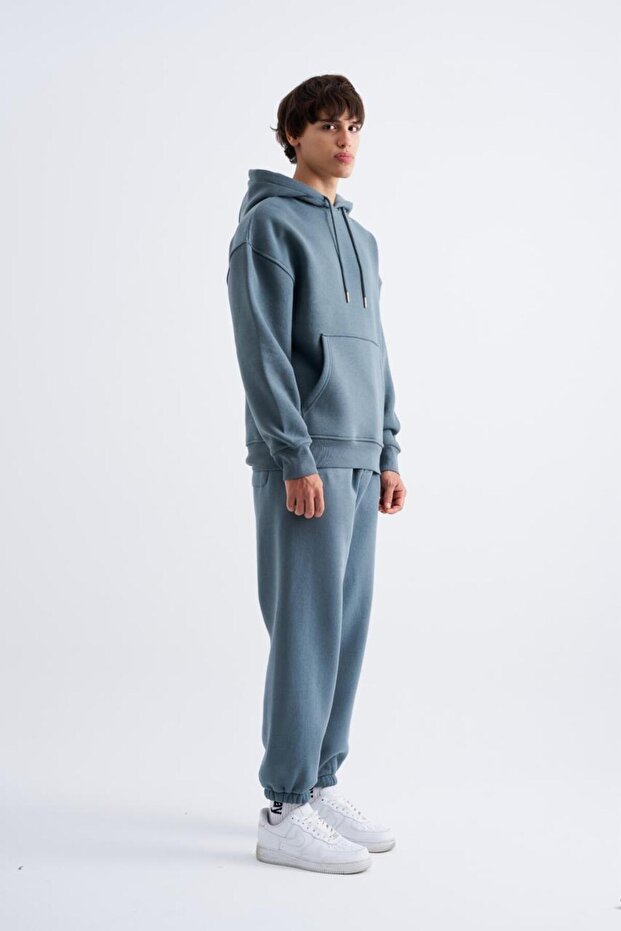 Erkek Oversize Basic Kapüşonlu Sabah Mavi Sweatshirt - 4
