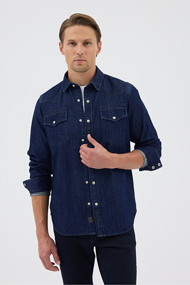 Çift Cepli Kot Gömlek - 5