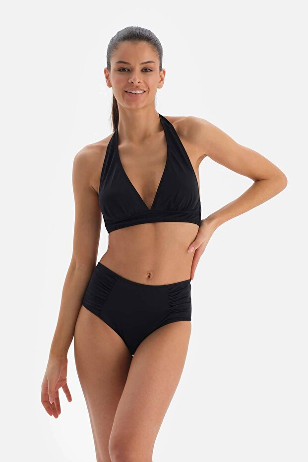 Black Side Draped High Waist Bikini Bottom