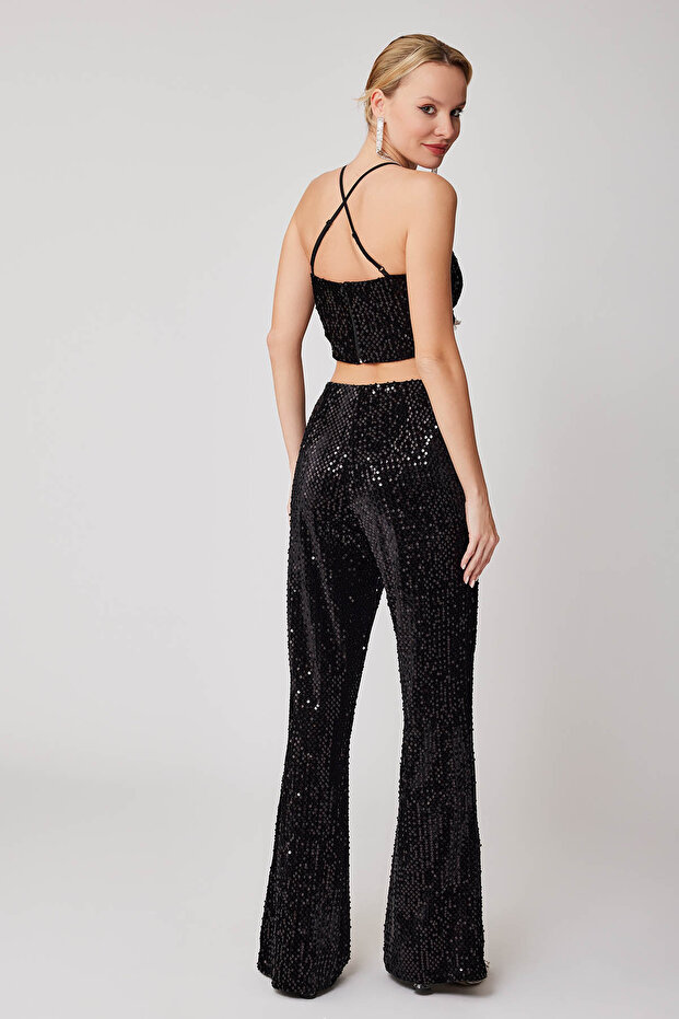 İspanyol Paça Yüksek Bel Pullu Pantolon - 5