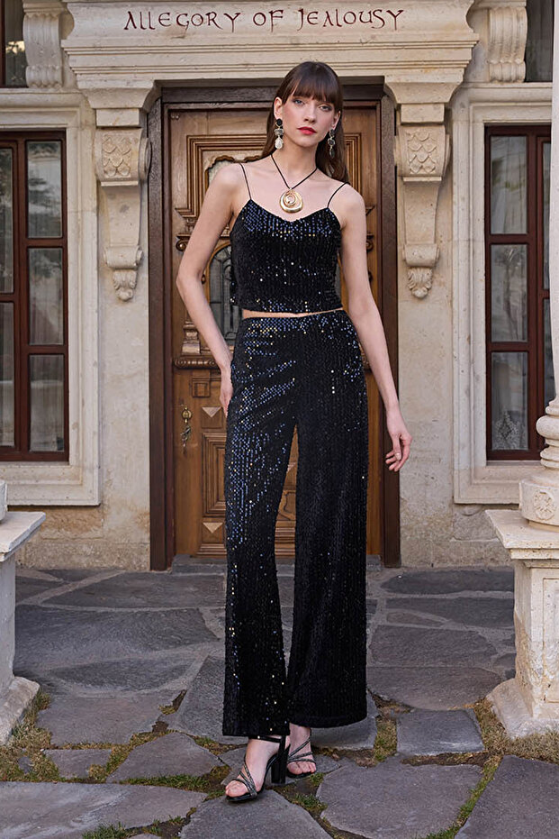 İspanyol Paça Yüksek Bel Pullu Pantolon - 3