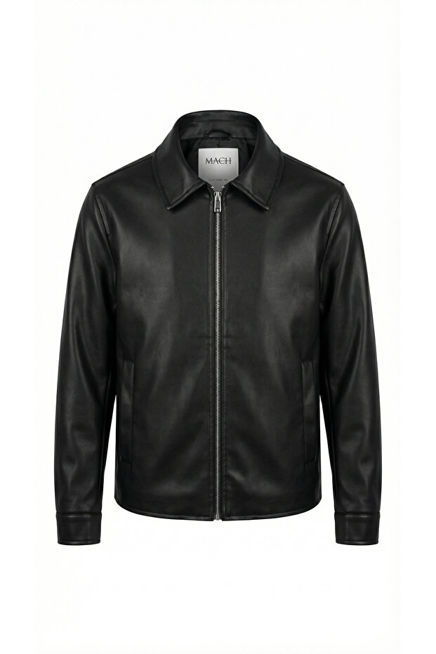 سترة جلدية للرجال بقصة عادية مع ياقة وبطانة من الفرو - 2