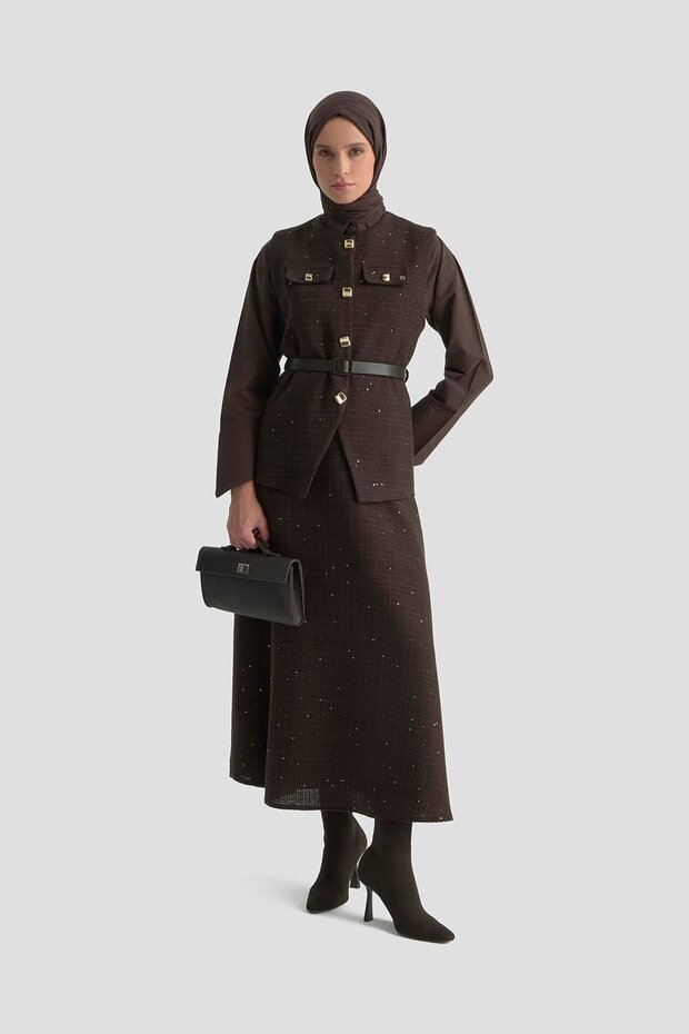 New Season Belted Pulu Vest and Pulu Skirt with Zippered Waist Lined Skirt Top and Bottom Set