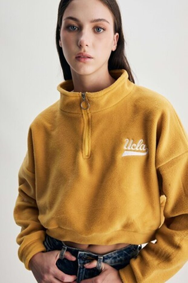 Happy Brown Zippered Embroidered Fleece Oversized Women's Sweatshirt