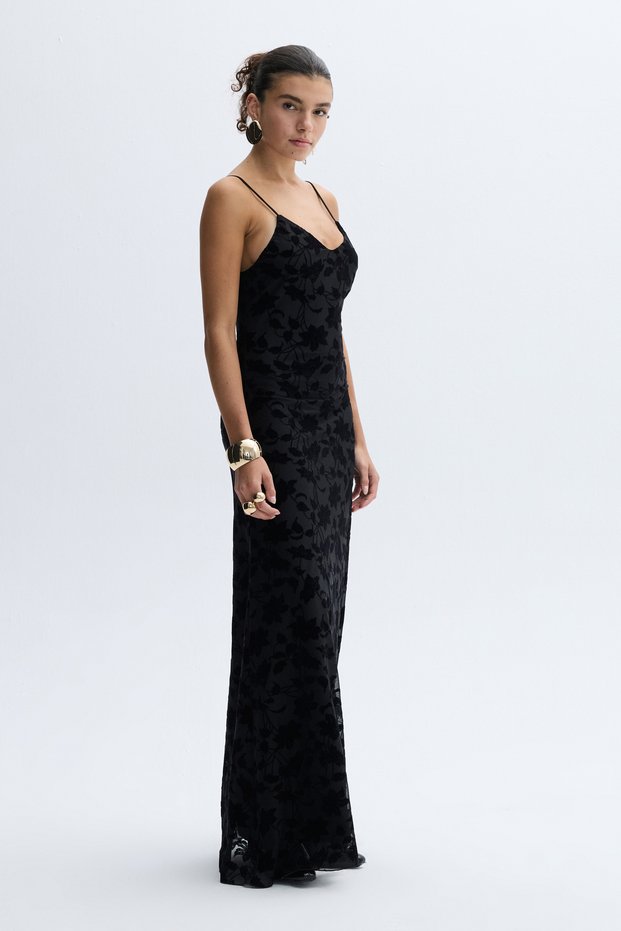 Women's Black Printed Sleeveless Long Dress