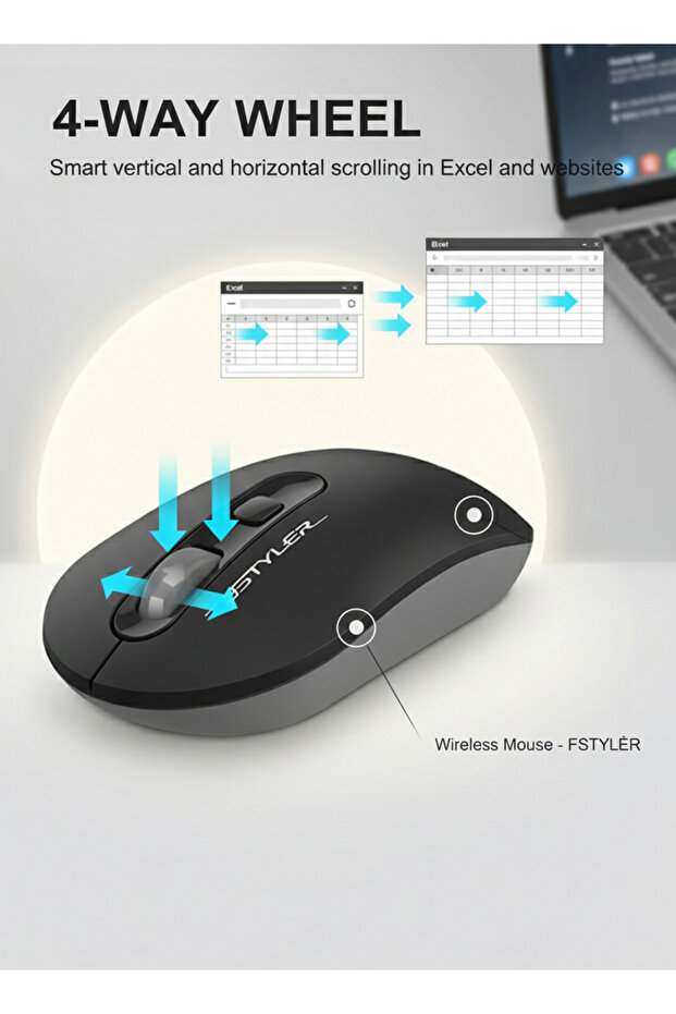 FG20 Fstyler 2.4G Wireless Mouse – Symmetric, 4 Buttons & 4-Way Wheel, 3-Level DPI (Black) - 6
