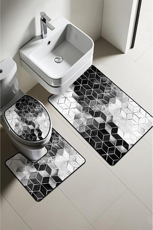 Modern Patterned Digital Printing 3-Piece Bathroom Mat Set Washable Non-Slip Base Toilet Set Klz00