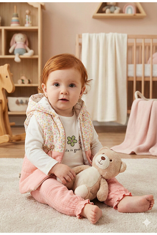 Baby Girl Floral Pattern Vest 3-Piece Tracksuit Set (9-12-18 Months)