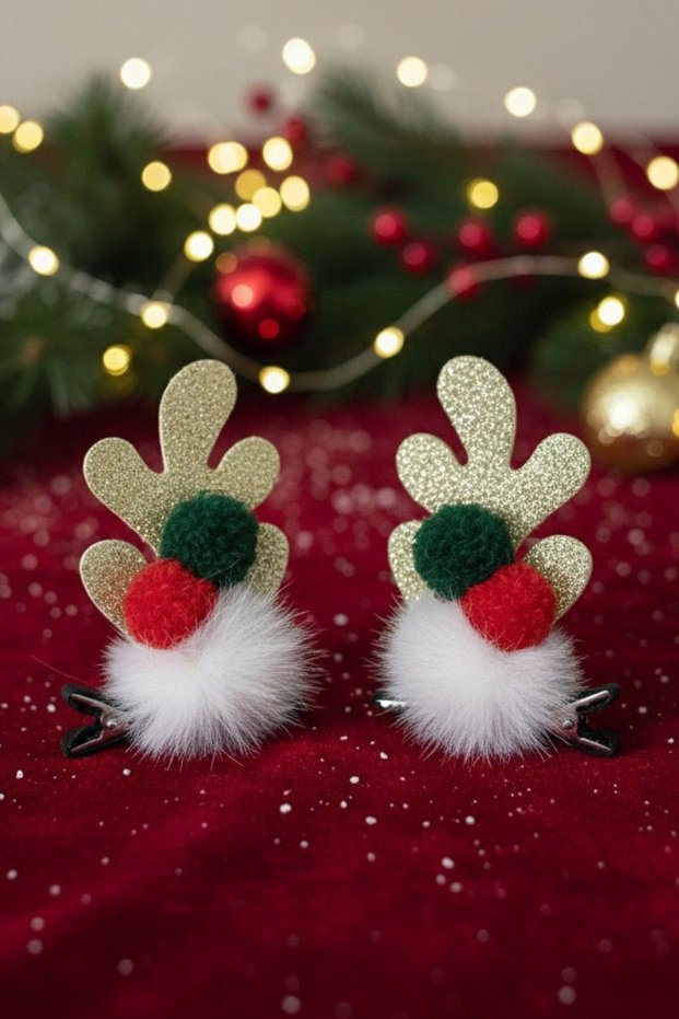 Reindeer Antler and Pompom Ball Figured Christmas Hair Clip Set of 2