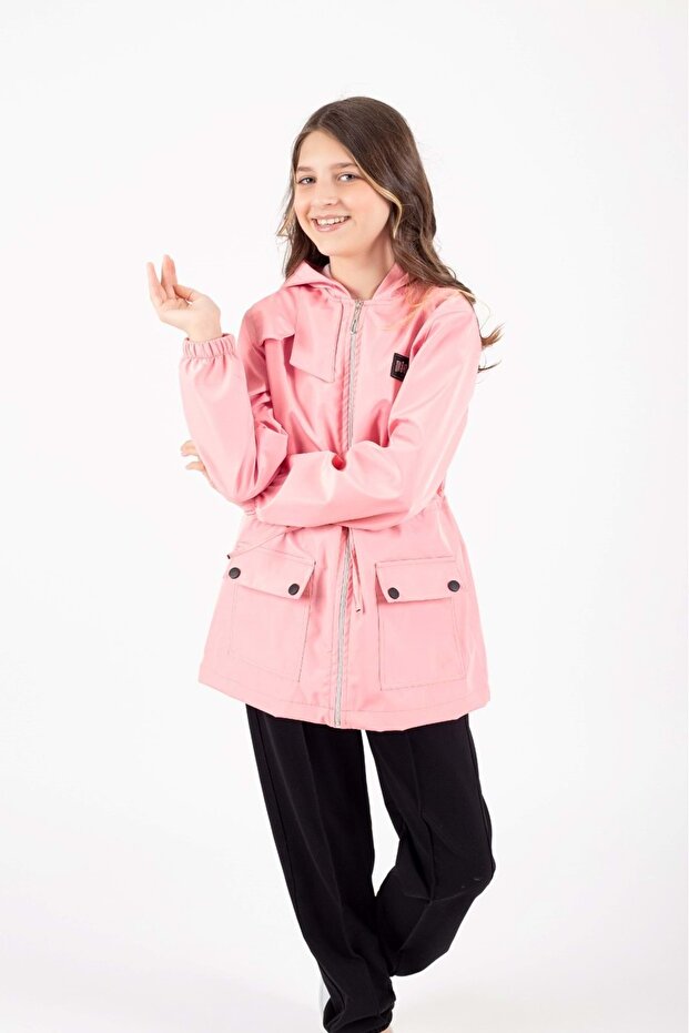 Girl's hooded raincoat with pockets - seasonal outfit for ceremonies and everyday wear