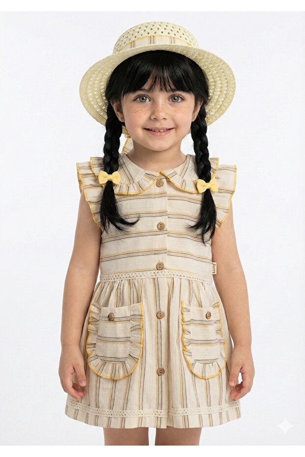 Girl's Ruffled Striped Dress and Hat Set (1-2-3-4 Years Old)