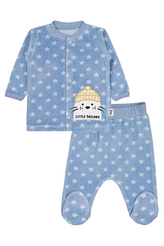 Star Print and Seal Embroidery 1-9 Month Pajama Set - Blue