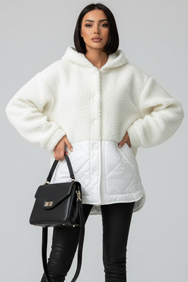 Women's Ecru Hooded Oversize Teddy Plush Quilted Jacket Coat