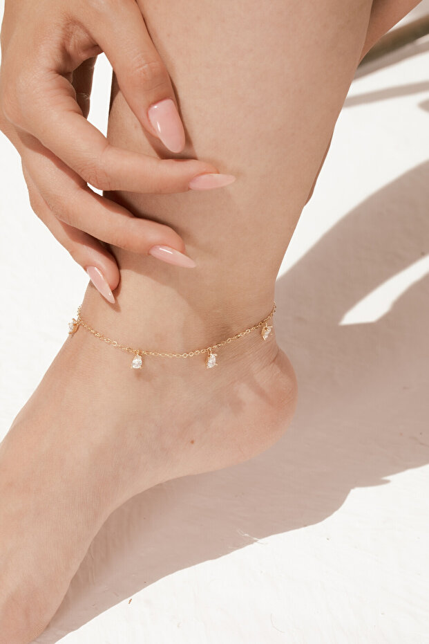 14 Ayar Altın Oval Beyaz Taş Halhal - 1