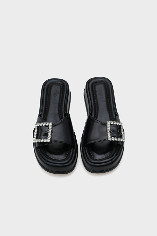 Kovové dámske papuče Margi na klinovom podpätku s jedným remienkom a kamienkovou prackou - 5