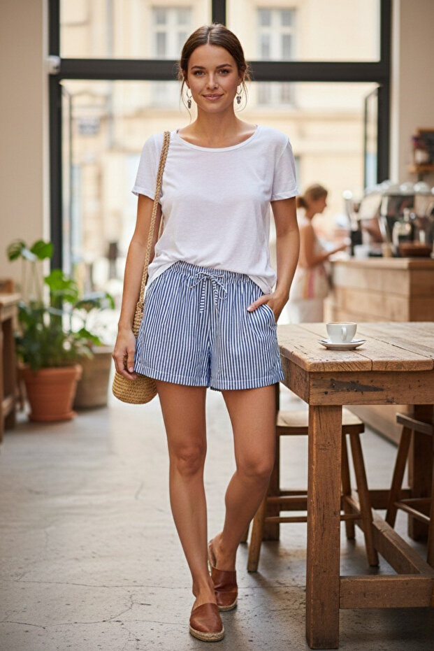 Women's Striped Cotton Polyester Elastic Waist Summer Shorts Navy Blue